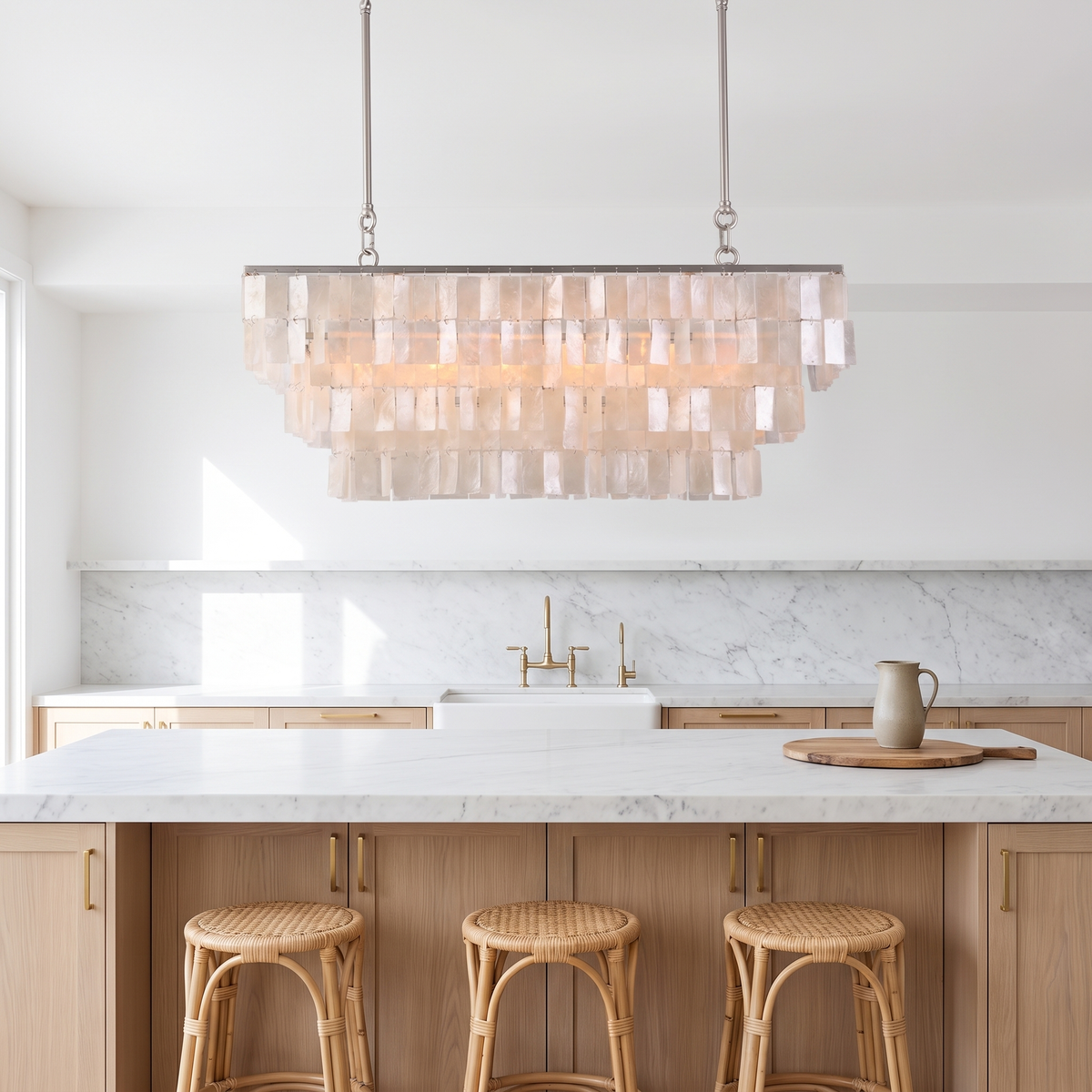Coolum linear shell chandelier above a marble kitchen island with brass tapware