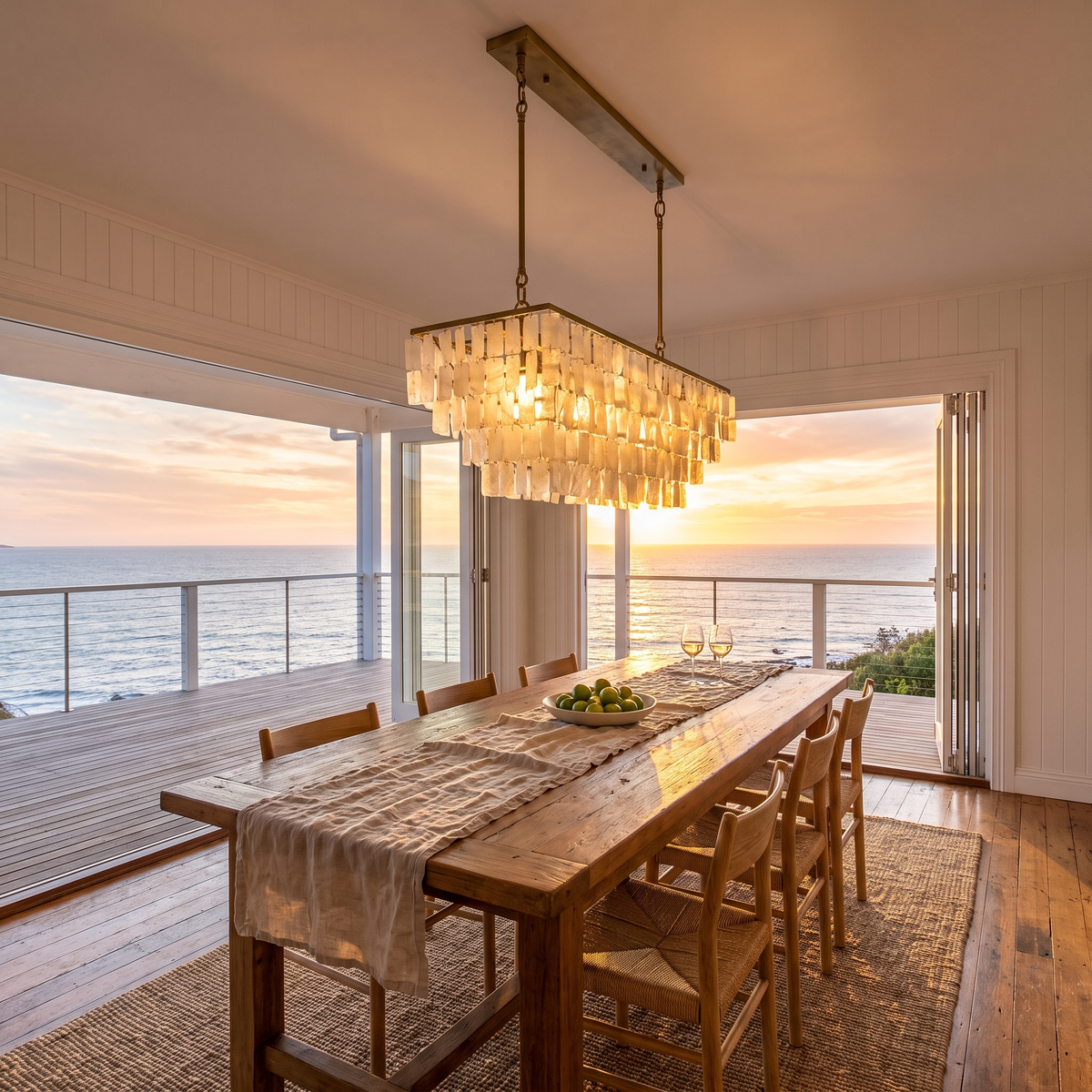 Coolum linear shell chandelier lit at sunset above a dining table with ocean views through open doors