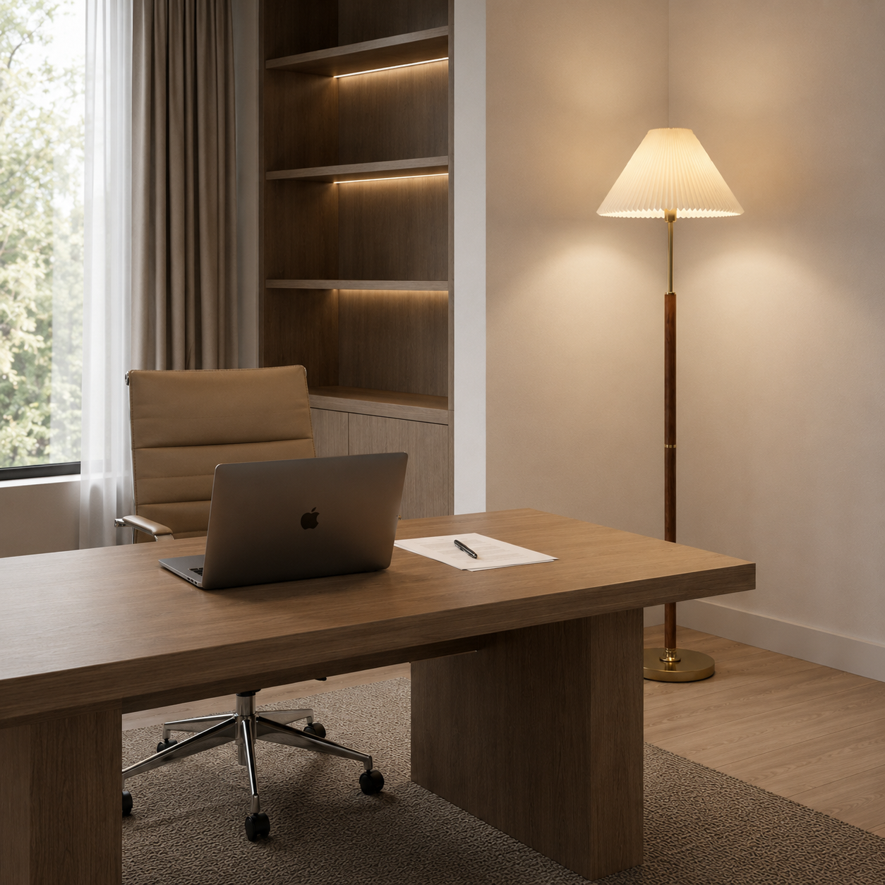 Copa floor lamp glowing with warm ambient light