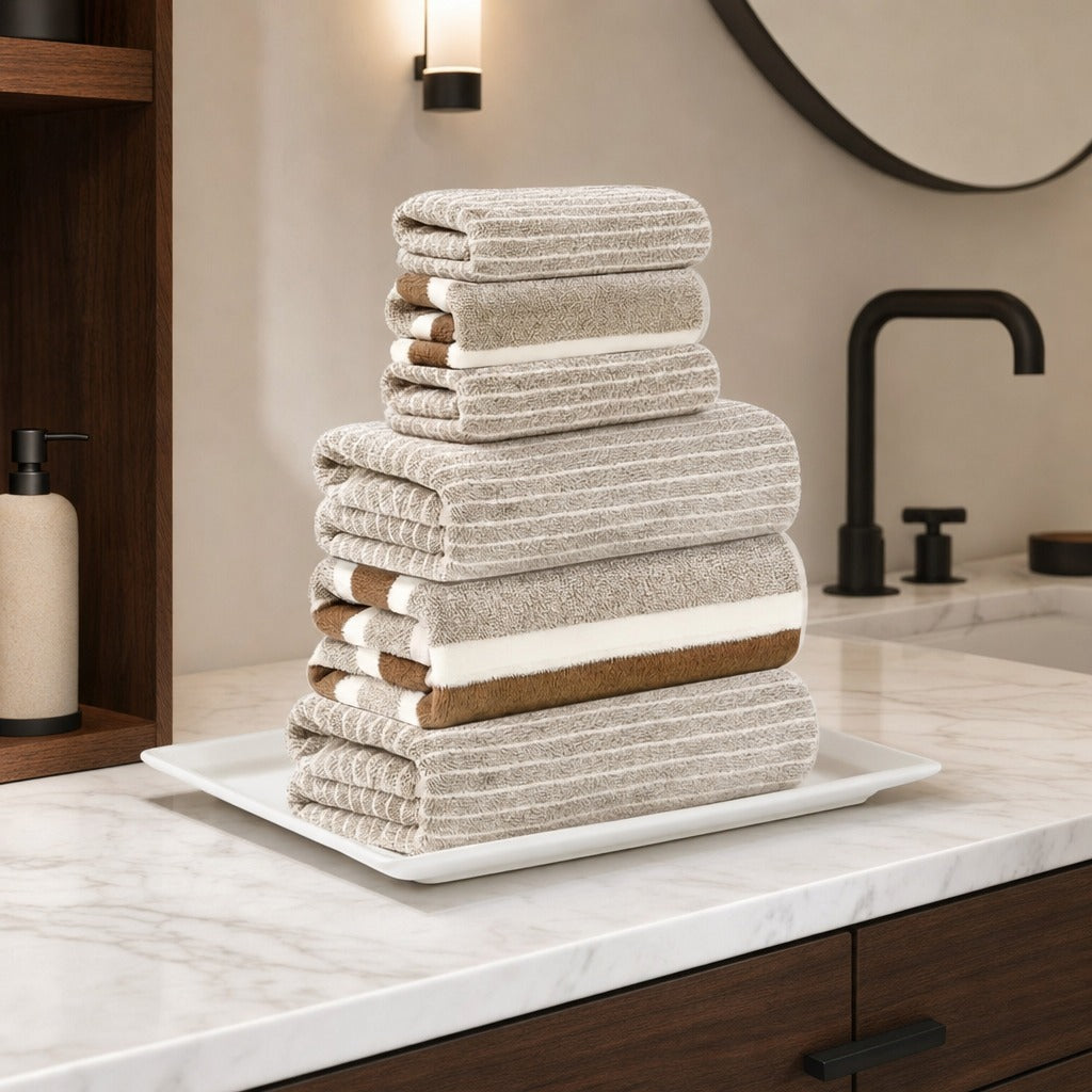 Coral fleece 6-piece towel set in brown stripes on a marble vanity beside a black tap