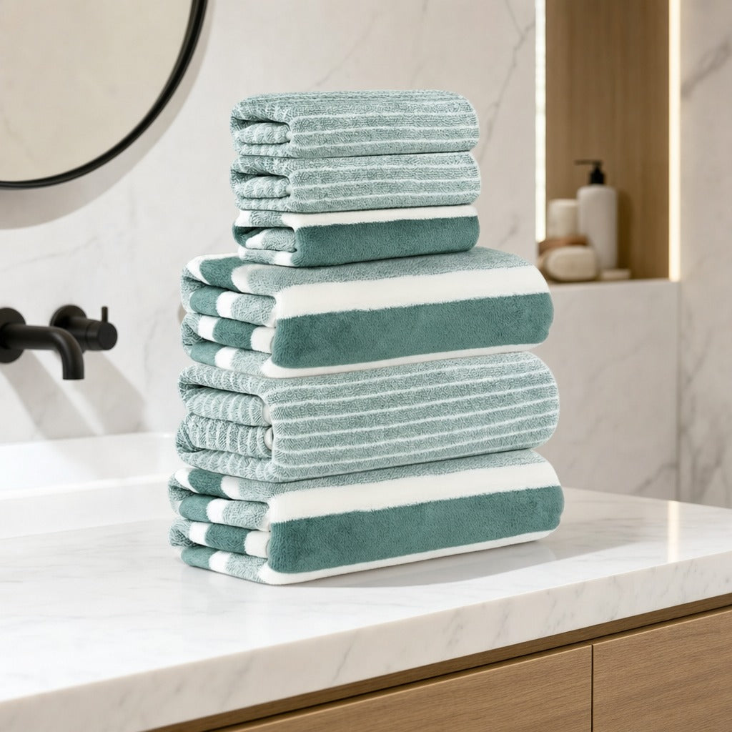 Coral fleece towels and washcloths in green stripes on a white vanity beside a black tap