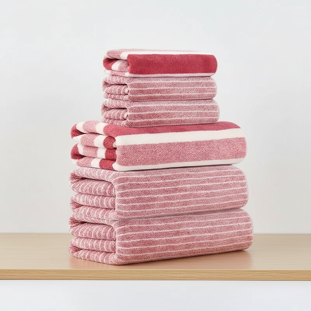 Coral fleece 6-piece bath towel and washcloth set in red stripes stacked on a grey background