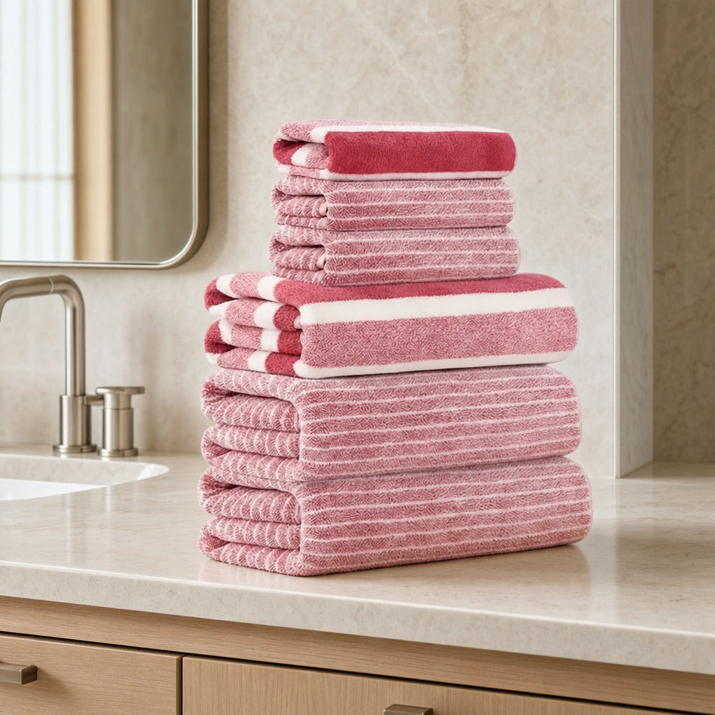 Coral fleece bath towel and washcloth set in red stripes stacked on a marble vanity