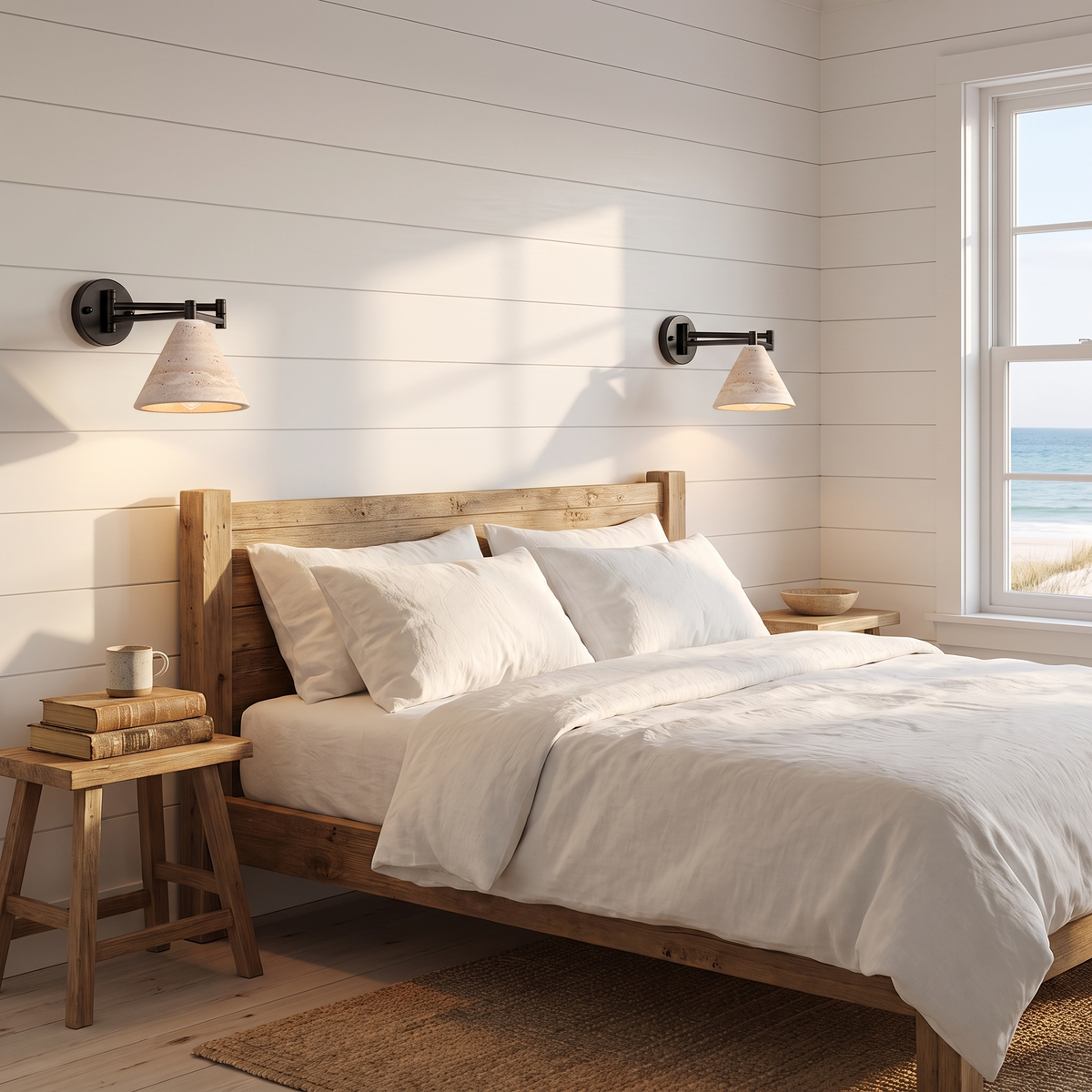 Cromer travertine swing arm wall lamp in a beach house bedroom