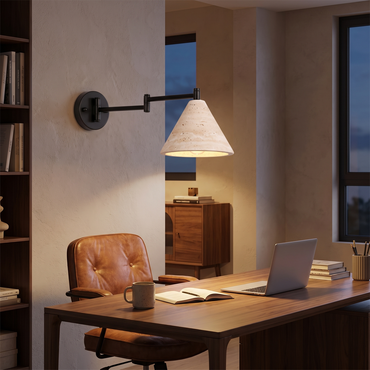 Cromer travertine swing arm wall lamp in a home office