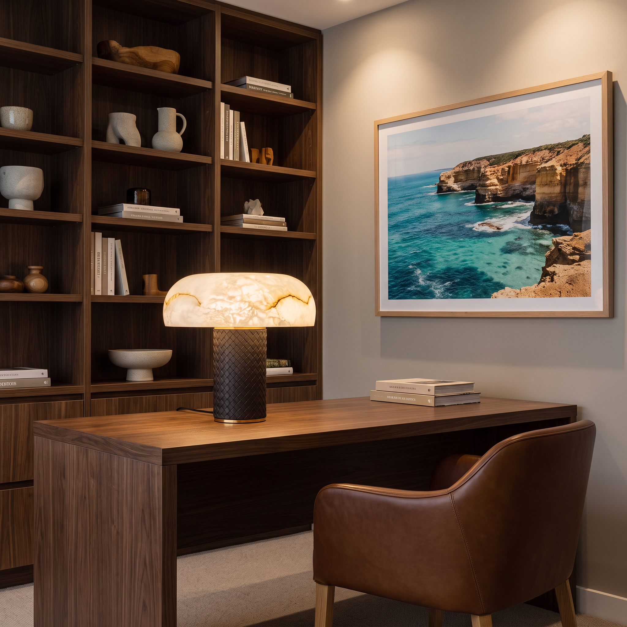 Cronulla Mediterranean glass-dome table lamp on a desk in a luxe Scandinavian home office