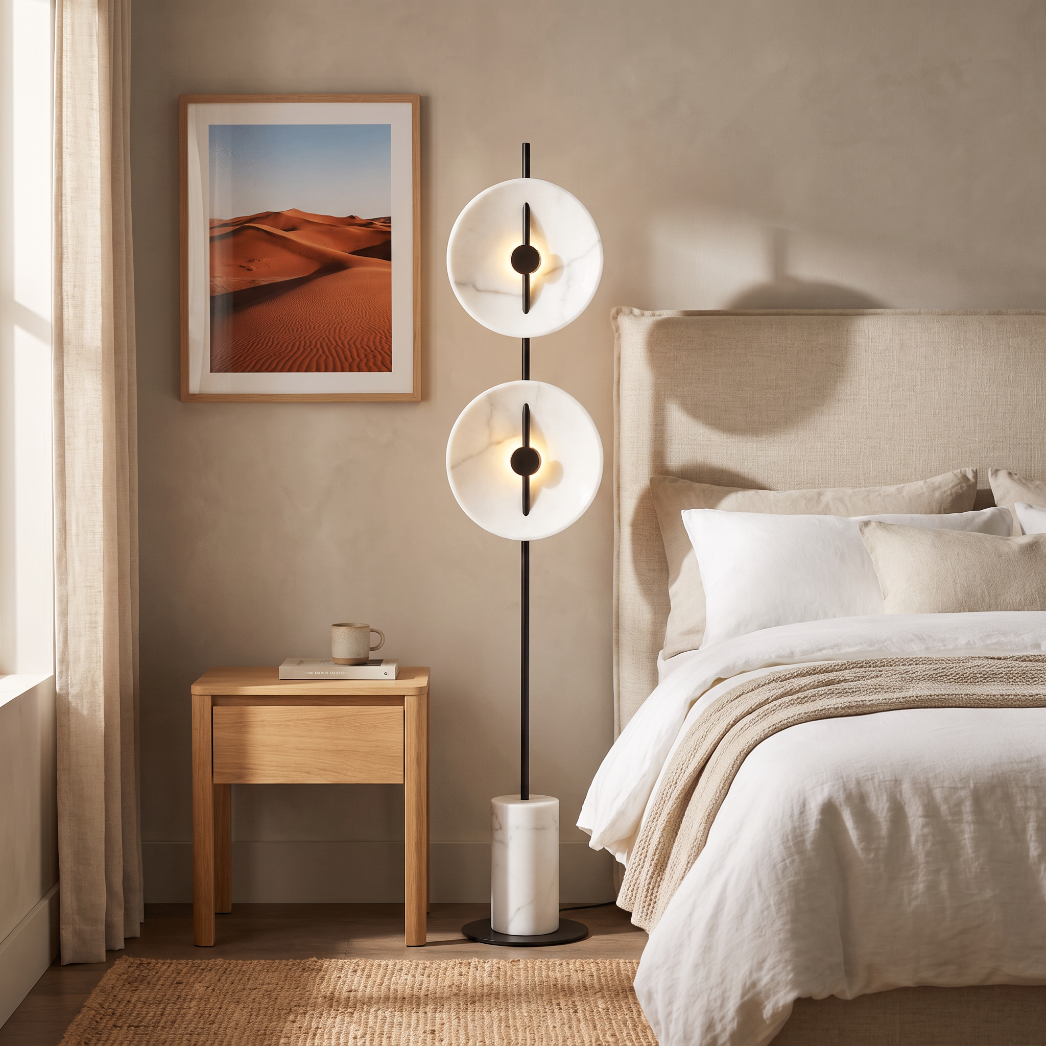 Culburra marble base floor lamp beside an upholstered bed in a calm bedroom