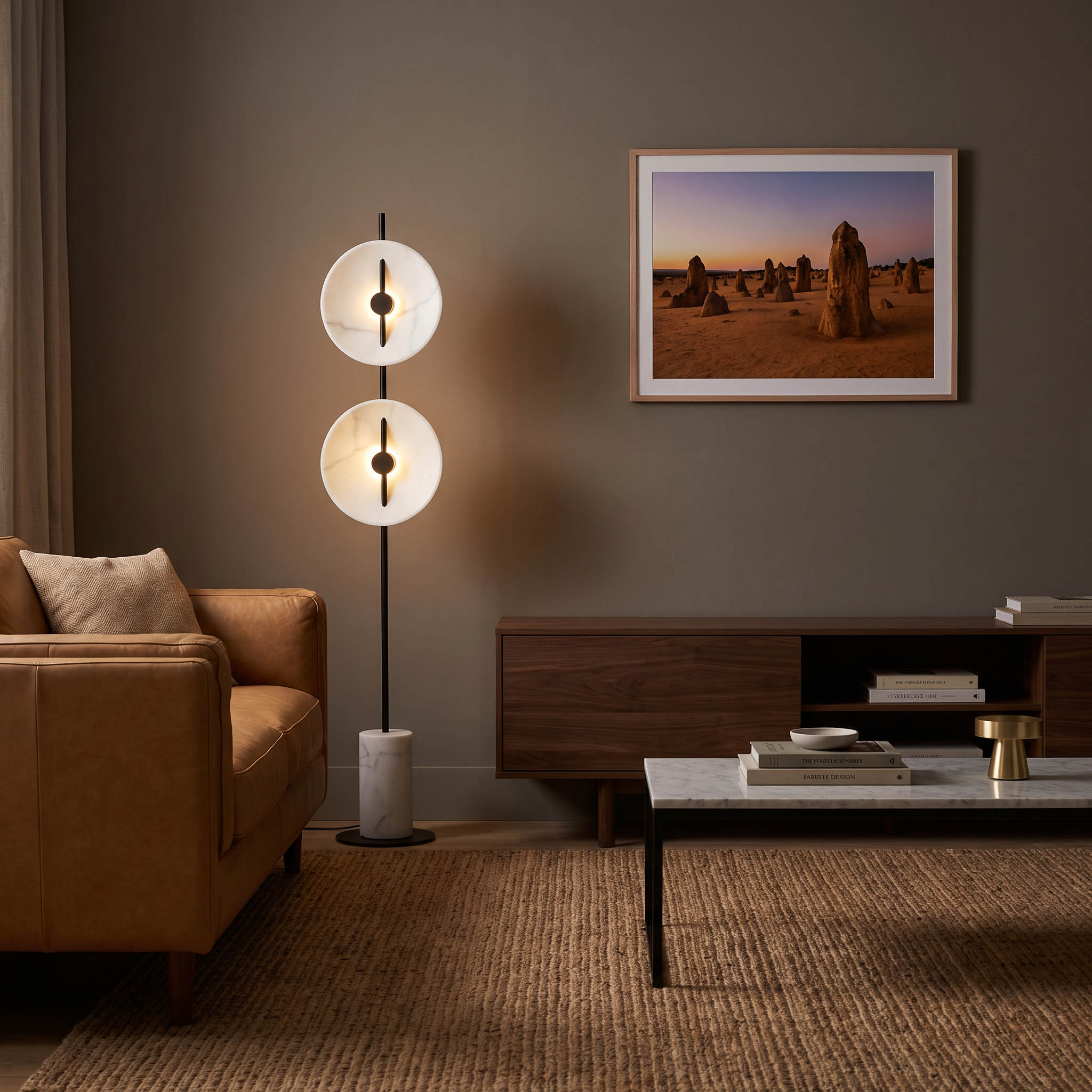 Culburra dual resin shade floor lamp with marble base in a moody luxe living room