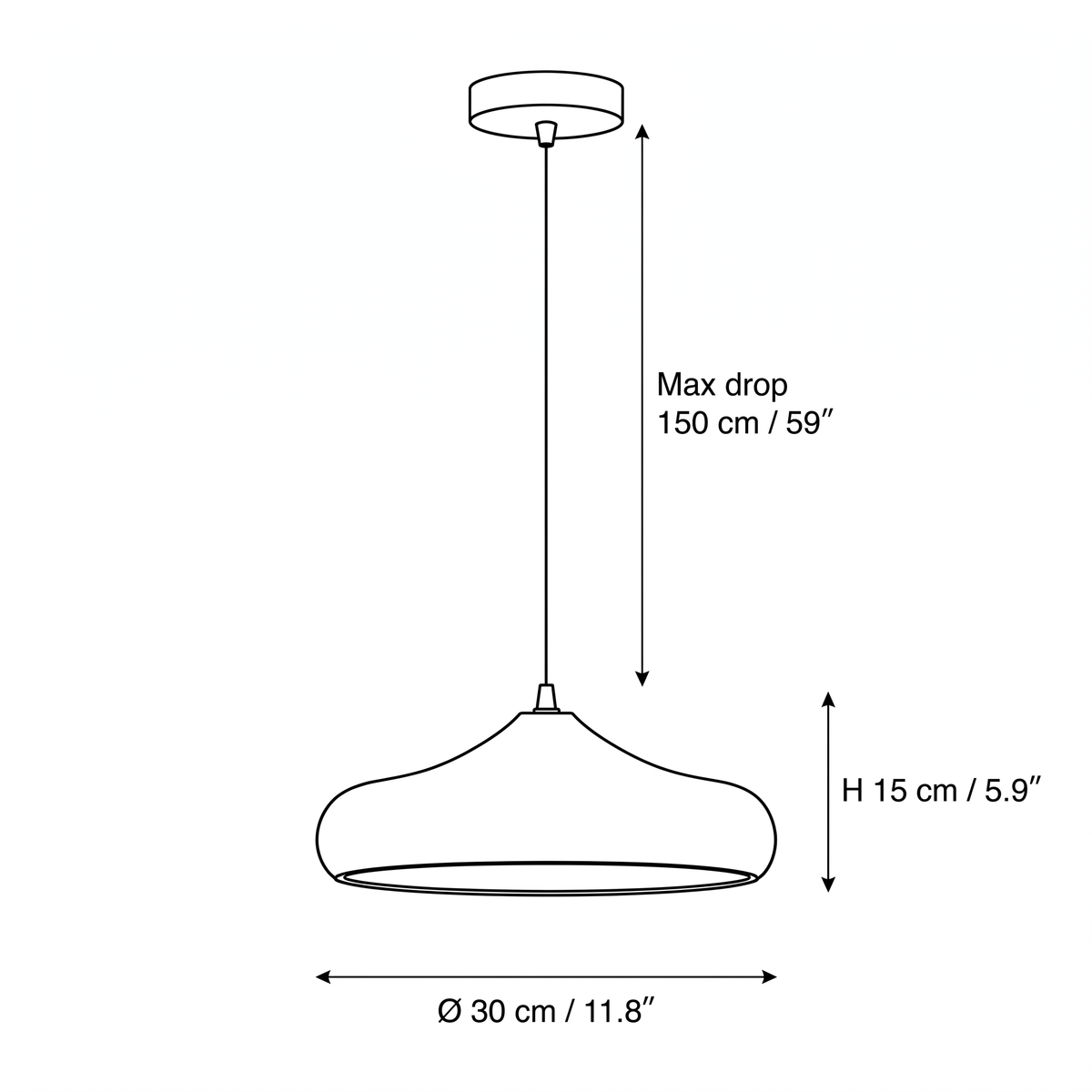 Dakota disc pendant size guide, 30cm (11.8in) wide and 15cm (5.9in) high