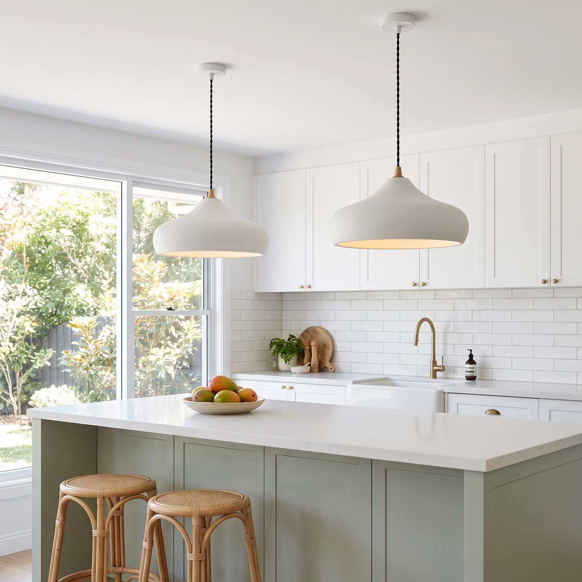 Pair of Dakota smooth white disc pendant lights in a coastal kitchen
