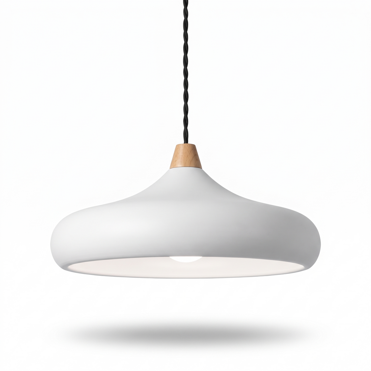 Dakota smooth white disc pendant light on a white background