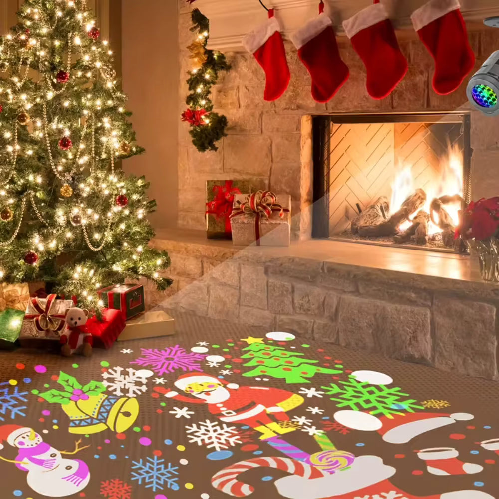 Daria Christmas projector light scattering festive shapes across a living room floor by a fireplace
