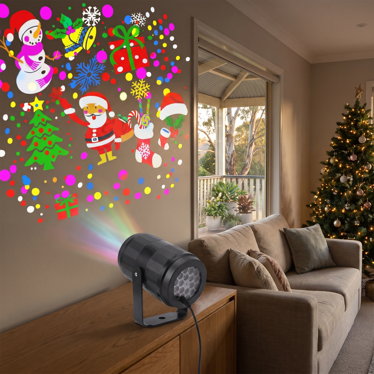 Daria LED Christmas projector on a sideboard filling a living room wall with festive shapes