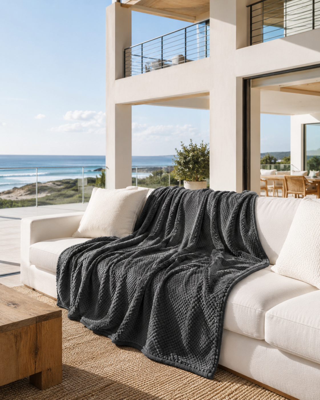 Denham Fleece Blanket layered over an armchair