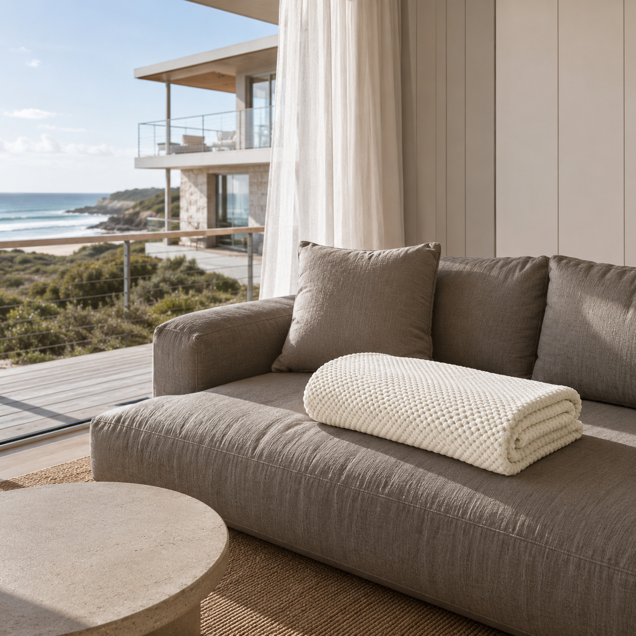 Denham Fleece Blanket folded, showing its lightweight, fade-resistant fabric