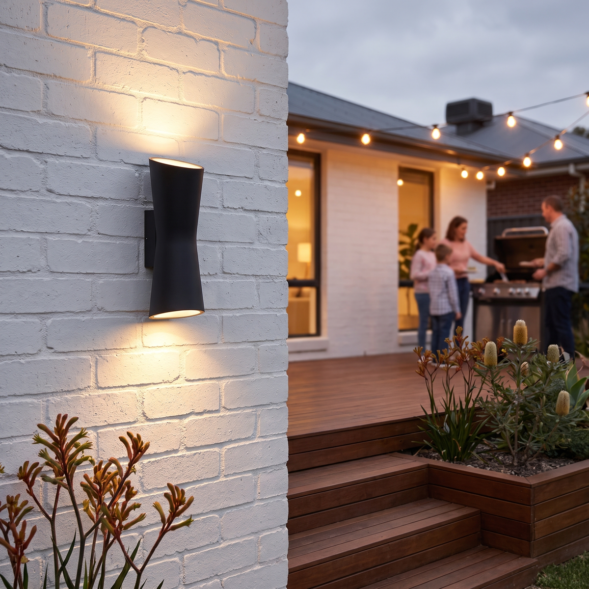 Dewy torch-style outdoor wall light in black on white bagged brick beside deck steps at dusk