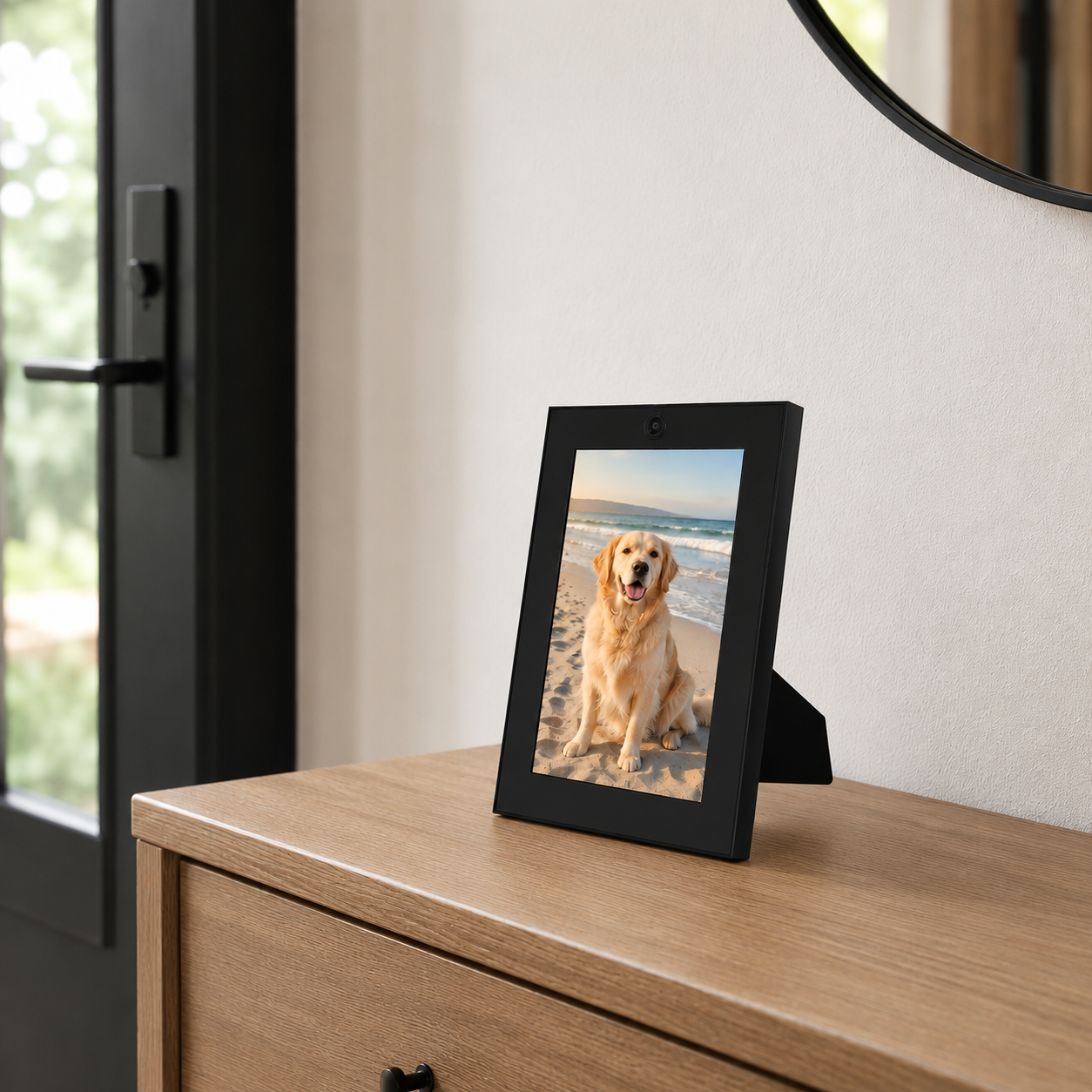 Digital Picture Frame with HD 1080p Security Camera displayed on a shelf