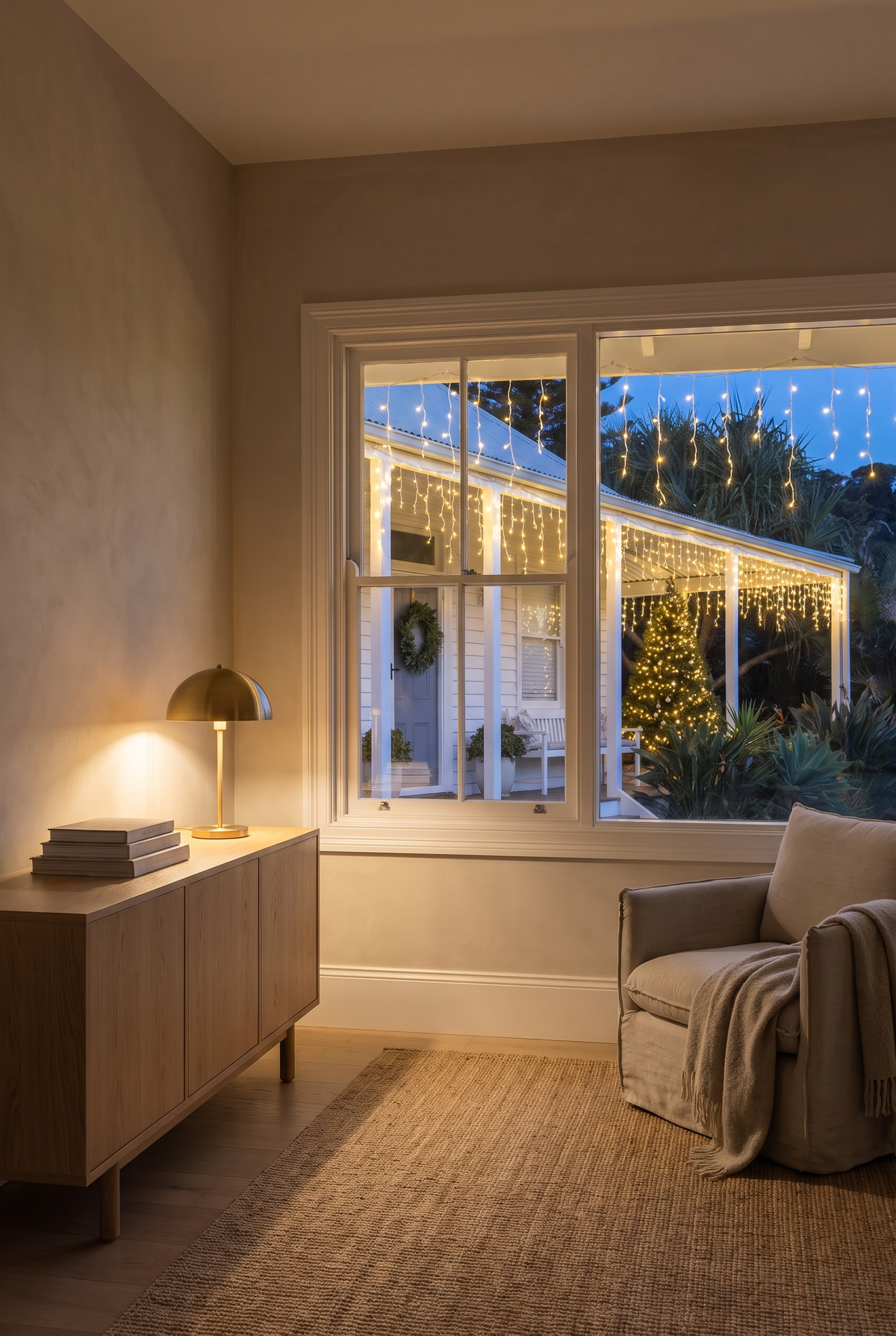 Warm white Jingle icicle lights seen through a living room window at Christmas