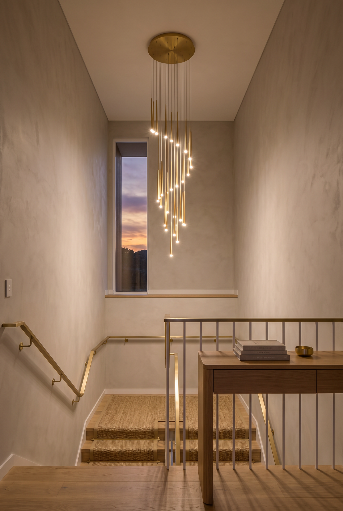 Gold Jundaru cluster pendant high in a stair void at dusk
