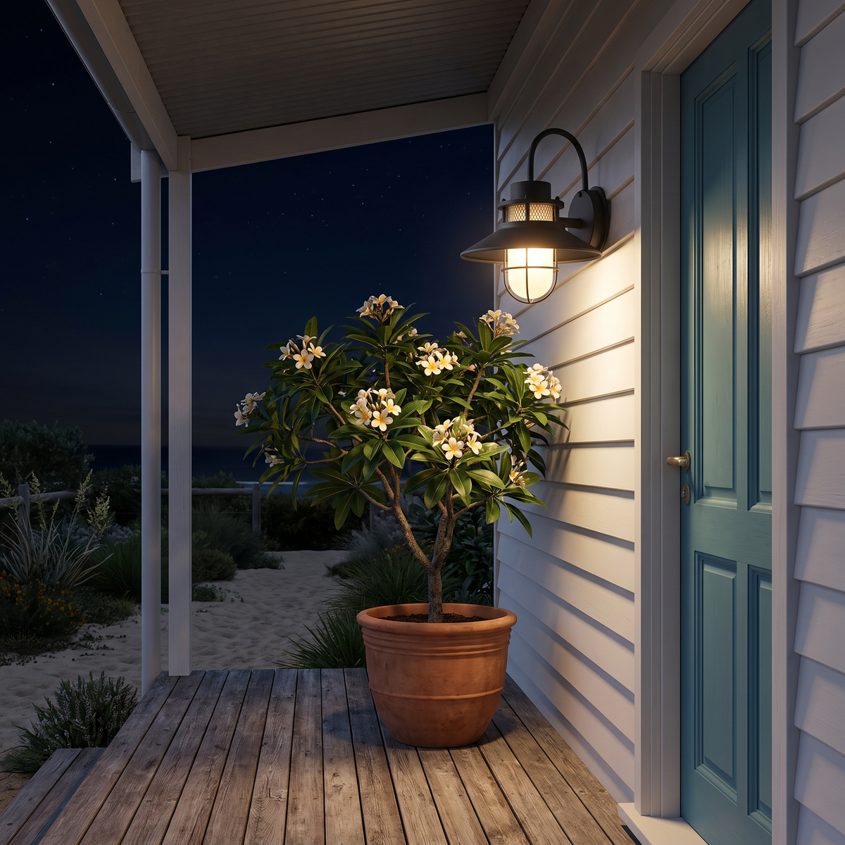 Docking vintage outdoor wall light glowing beside a sea-blue door on a beach house porch