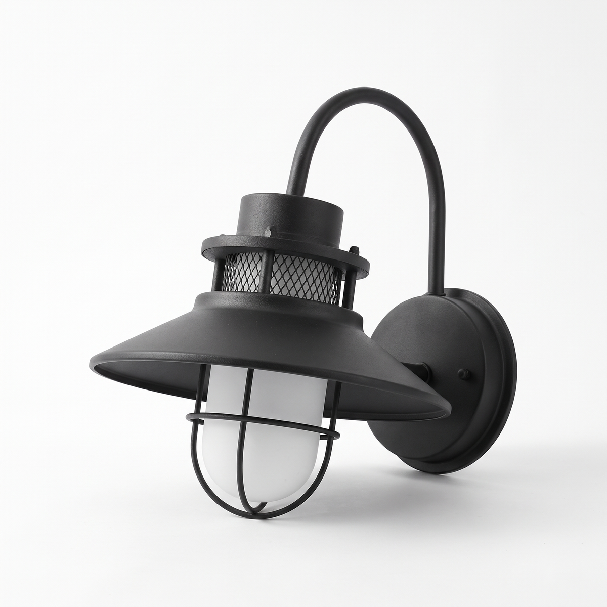 Docking vintage outdoor wall light, a black barn lantern with gooseneck arm, on a white background