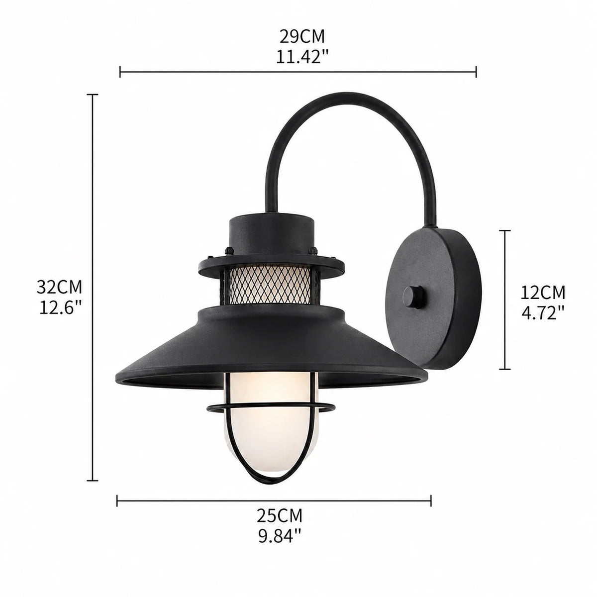 Docking vintage outdoor wall light dimensions, 32cm high, 25cm wide shade and 29cm from the wall