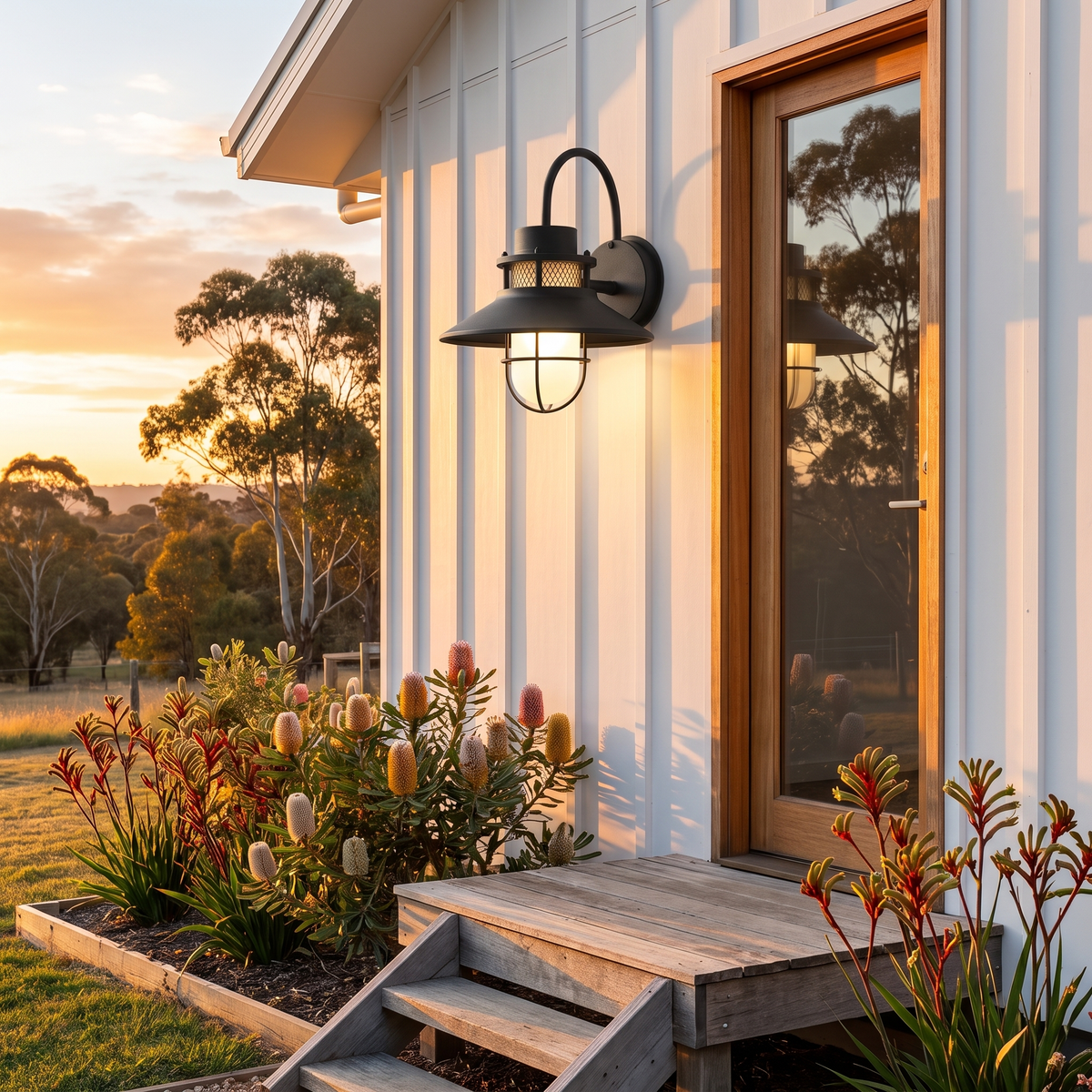 Docking vintage outdoor wall light by a white farmhouse back door with banksia at golden hour