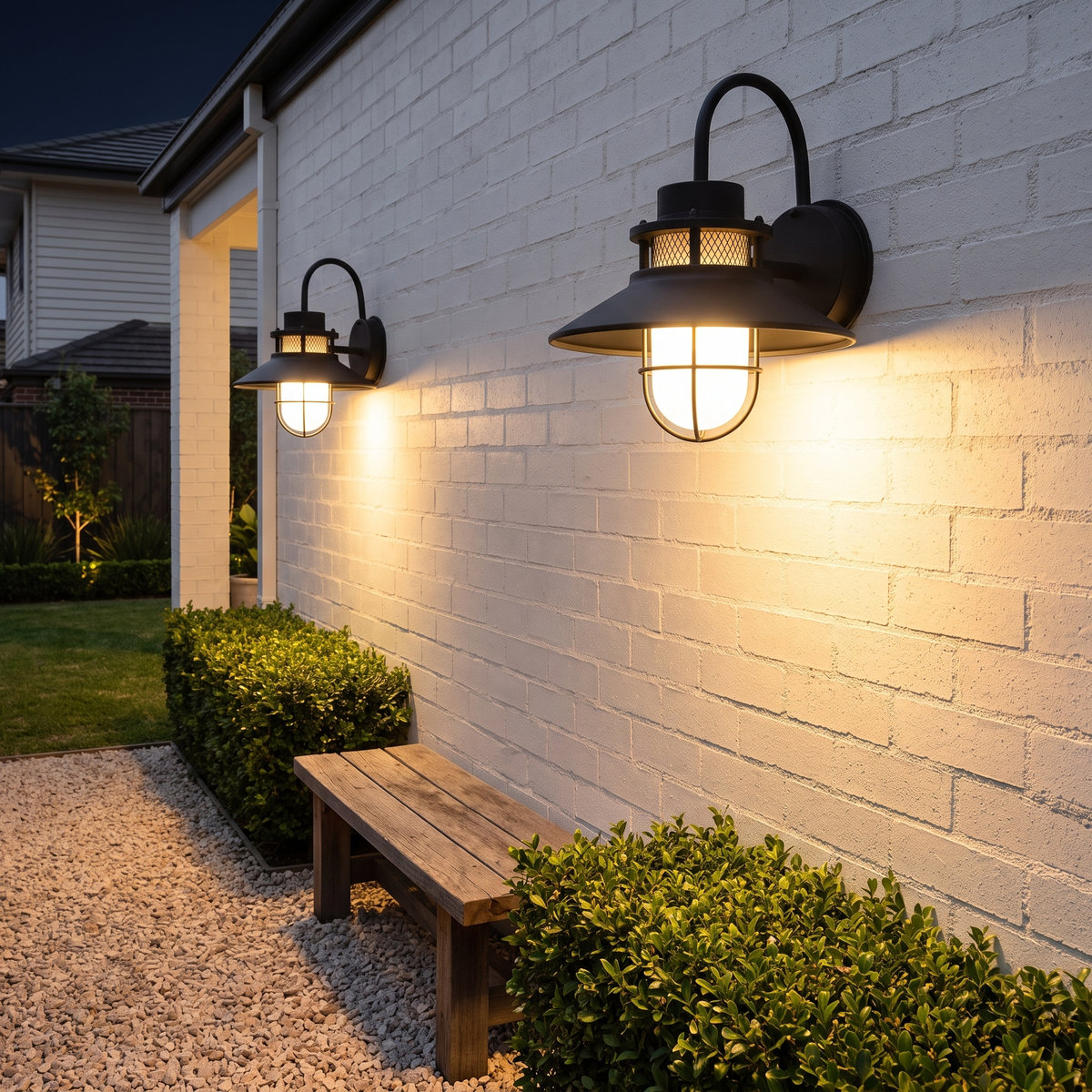 Two Docking vintage outdoor wall lights glowing on a white bagged brick courtyard wall at night