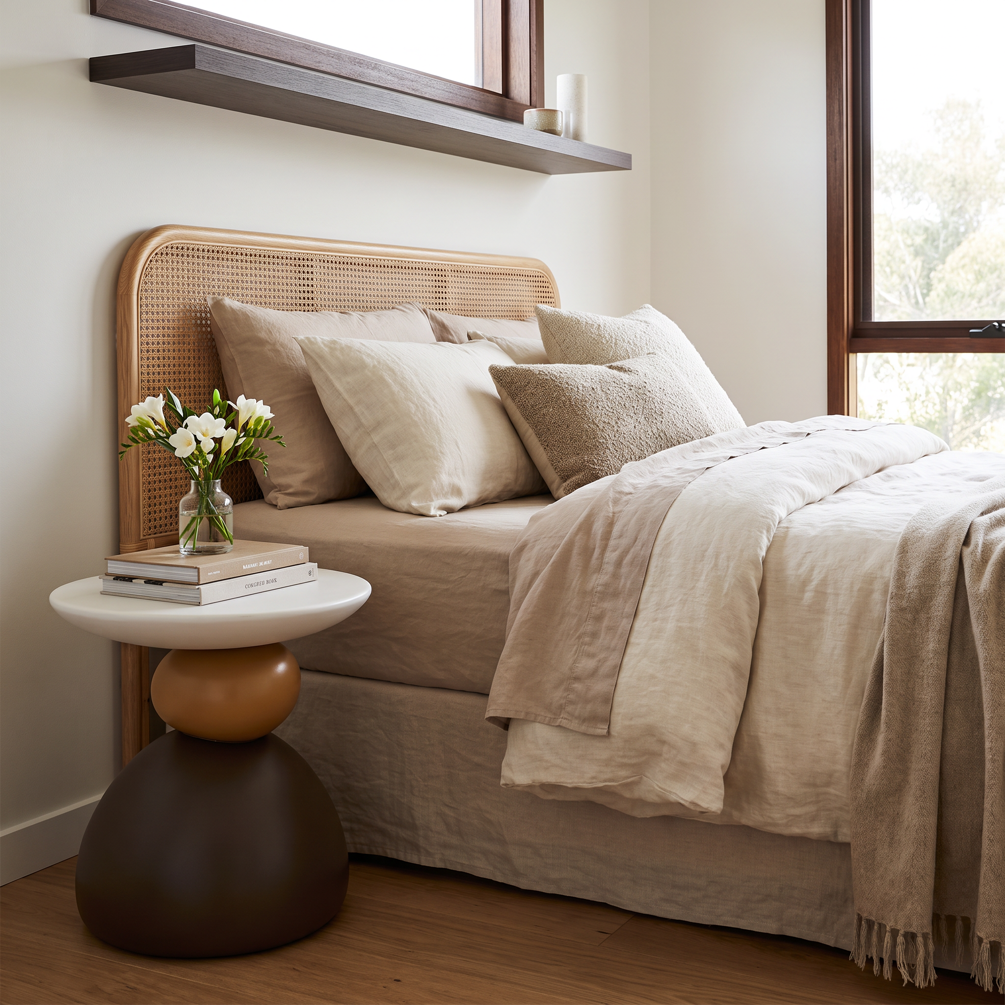Donny multicolour terrazzo side table styled beside a bed in a coastal Scandinavian bedroom