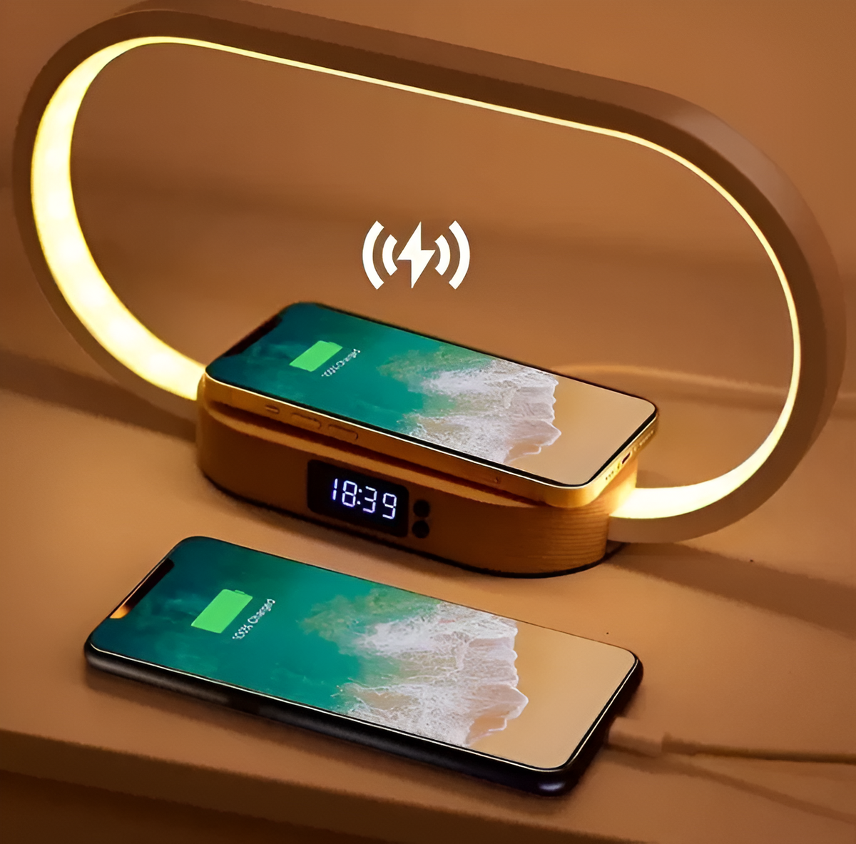 Dony bedside night light showing the wireless charging pad and digital clock