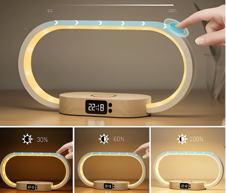 Dony bedside night light with a phone charging on the wireless pad