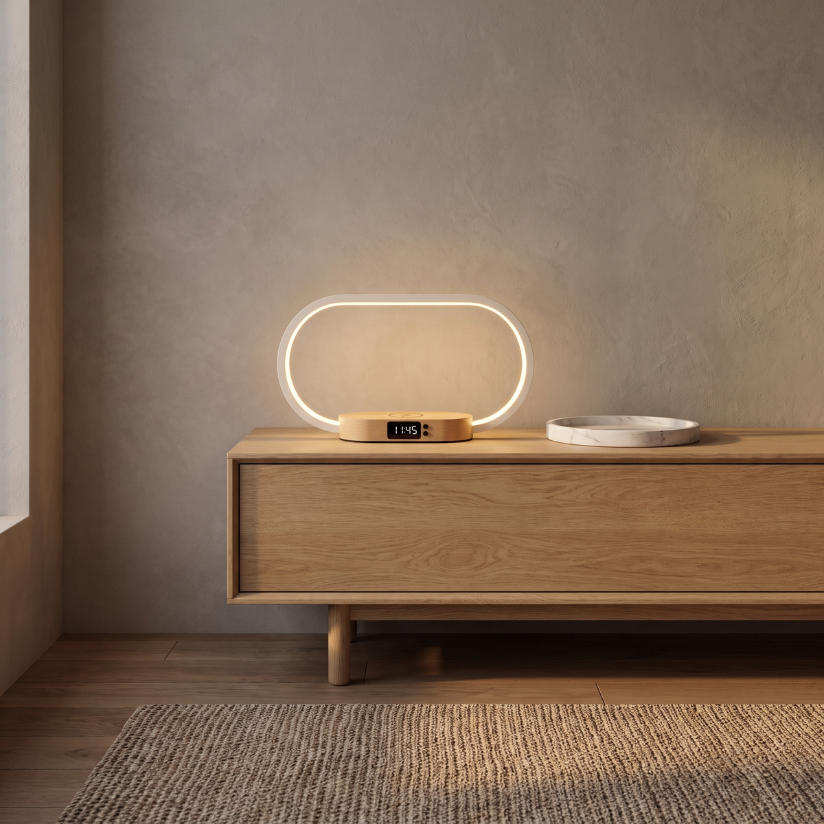 Dony night light with charger and clock glowing on an oak console at dusk
