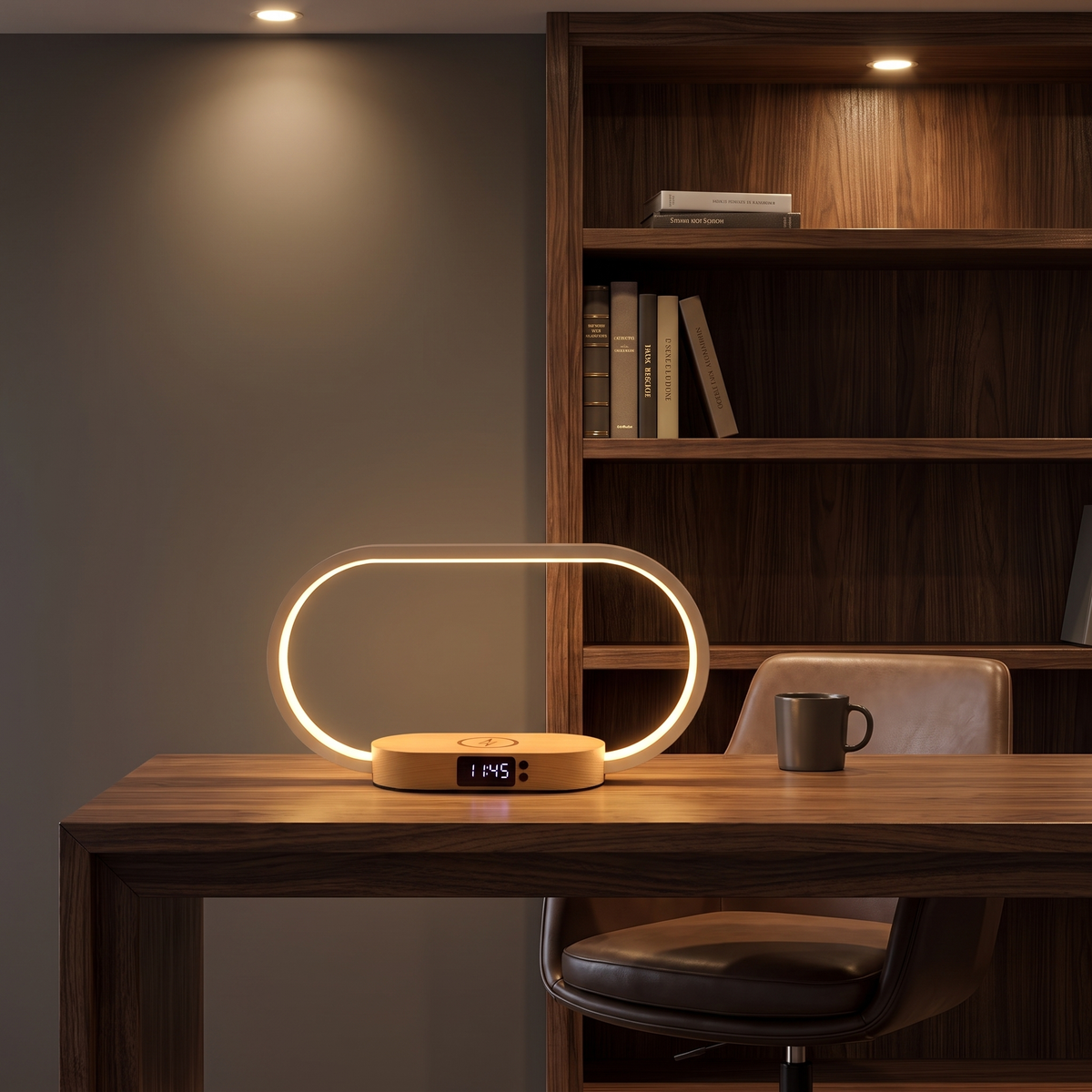 Dony night light with wireless charger and digital clock on a timber desk in a home office