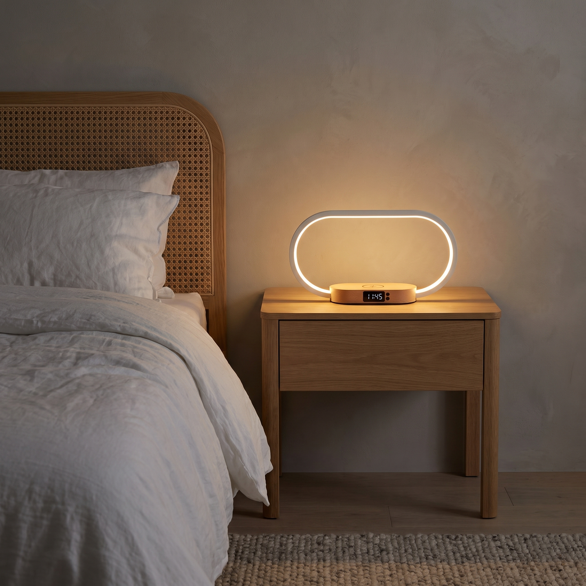 Dony rechargeable night light with charger and clock glowing on an oak bedside table at night