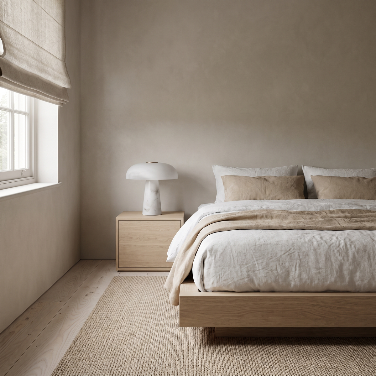 Dover Table Lamp with Marble Base on a bedside table beside a low oak platform bed