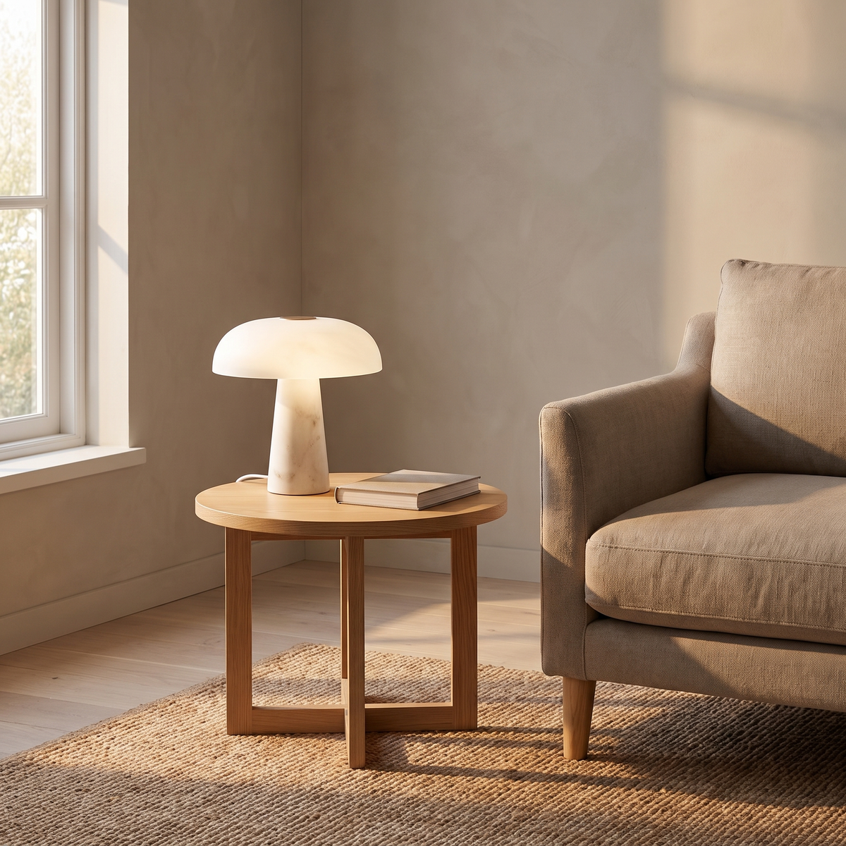 Dover Table Lamp with Marble Base lit on an oak side table beside a linen sofa