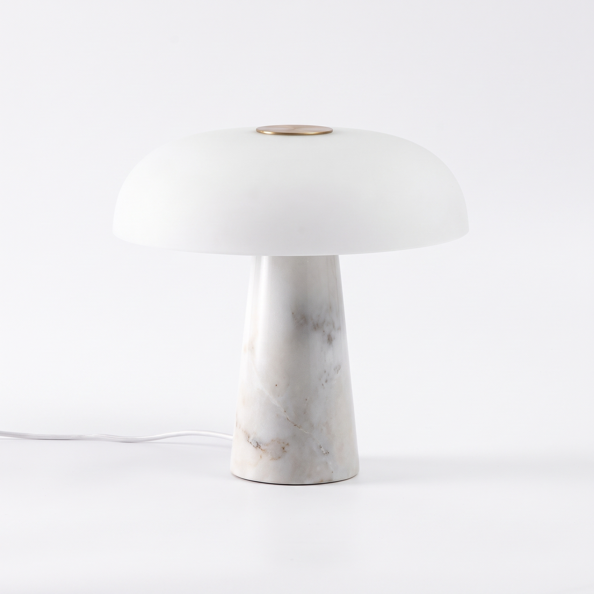 Dover Table Lamp with marble base and frosted glass shade on a plain white background