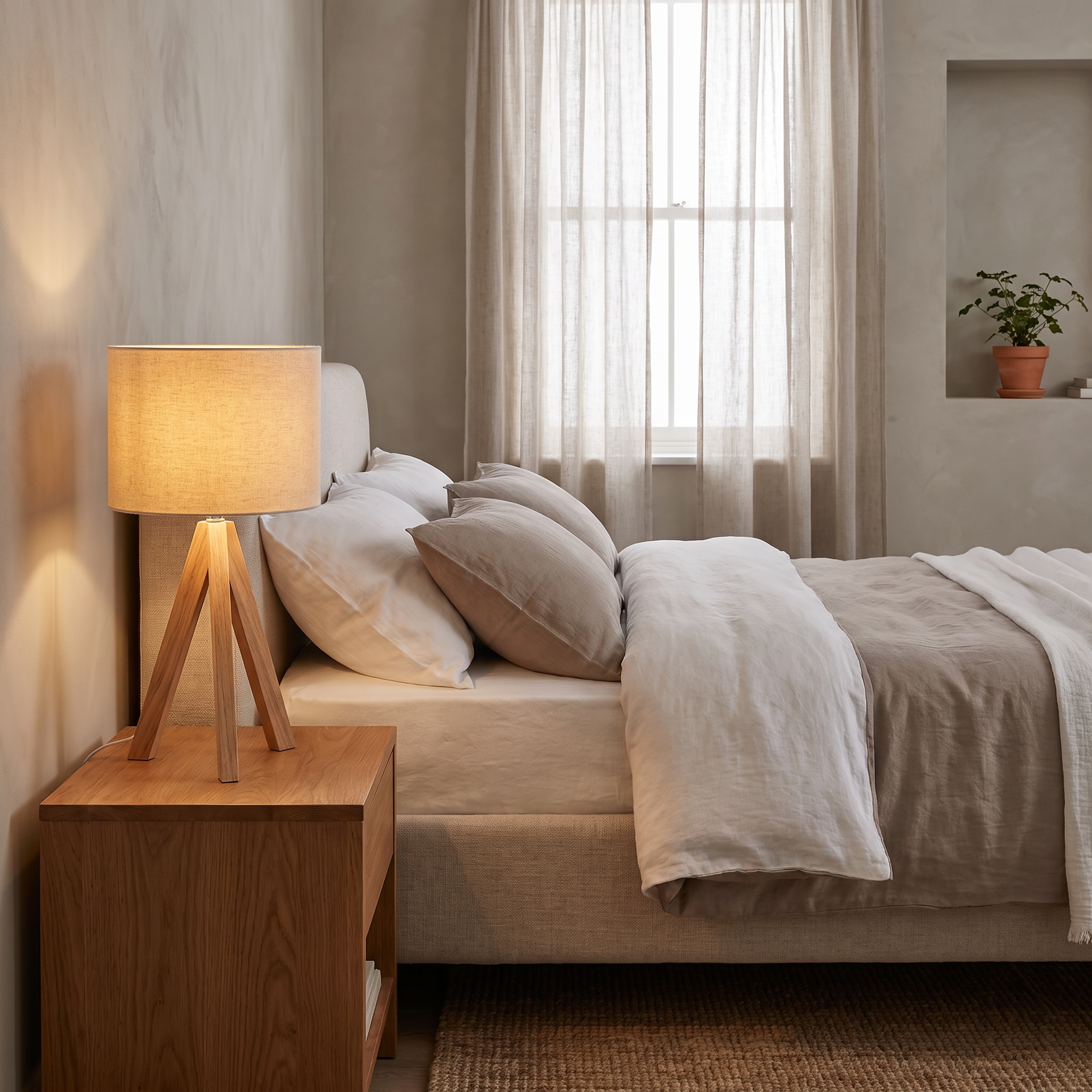 Drift Timber Desk Lamp on a timber bedside table in a warm Scandinavian bedroom with greige walls and oatmeal linen bedding