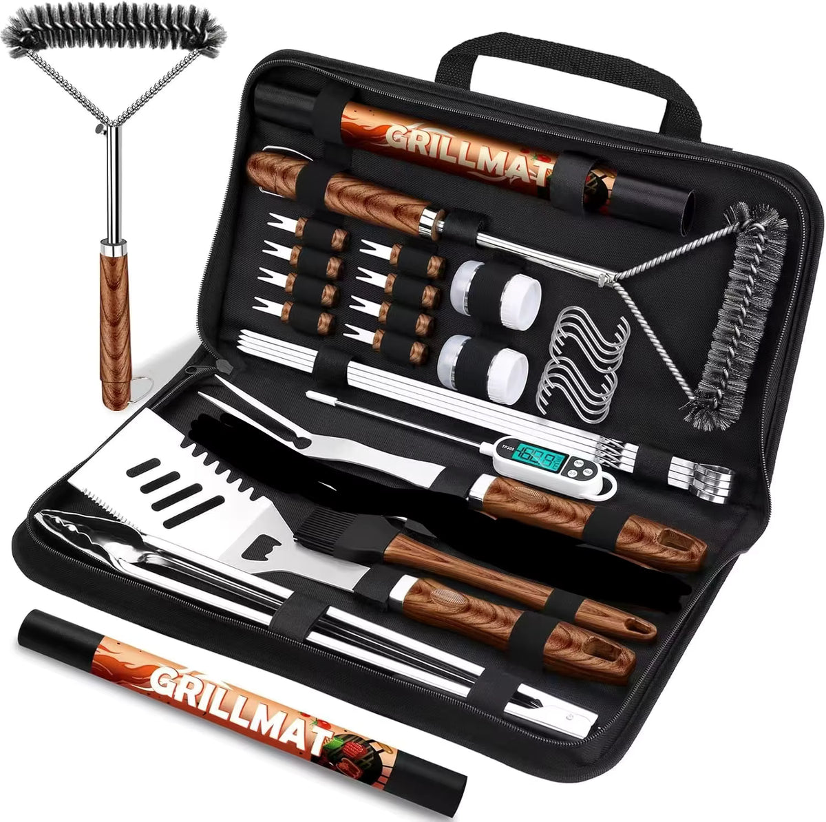 Dundee BBQ accessories set 31-piece kit in an open zip carry case with grill brush and grill mats