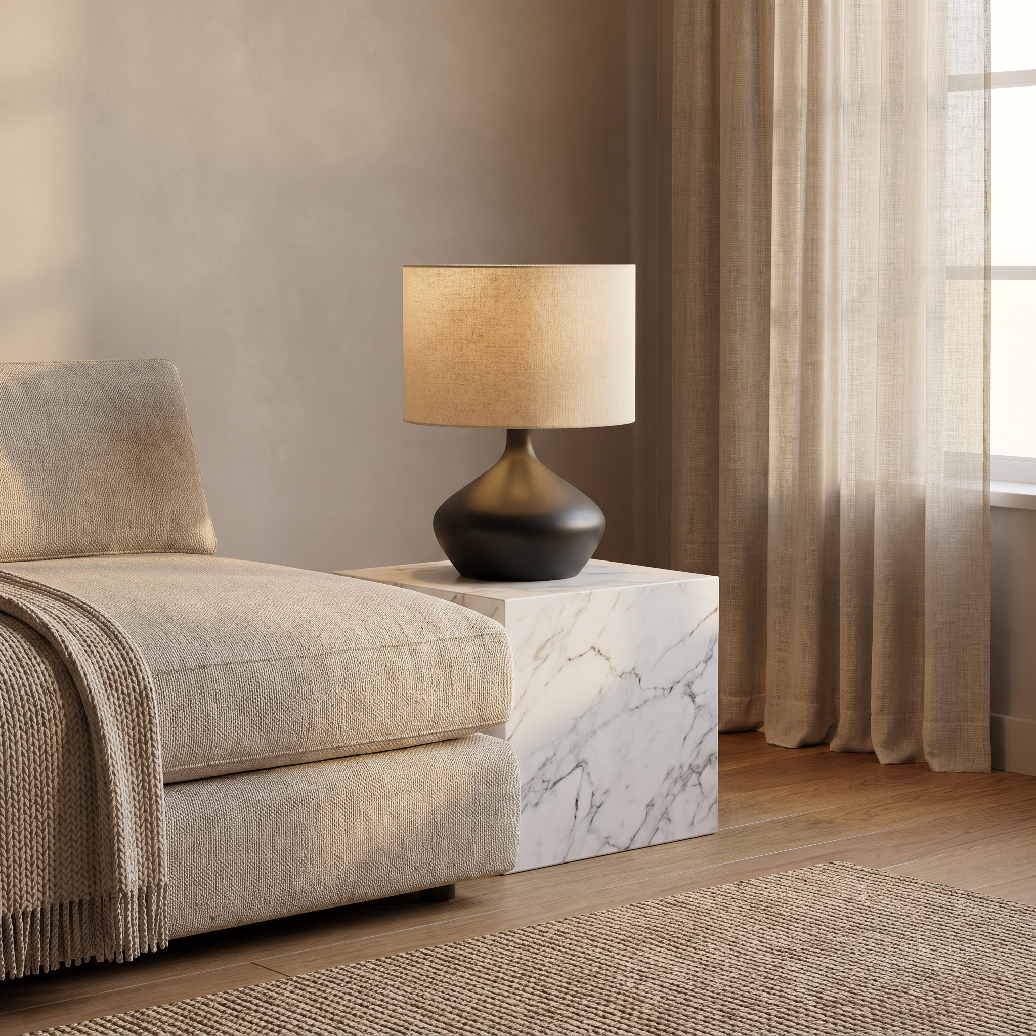 Dune ceramic table lamp on a marble side table in a warm Scandinavian lounge