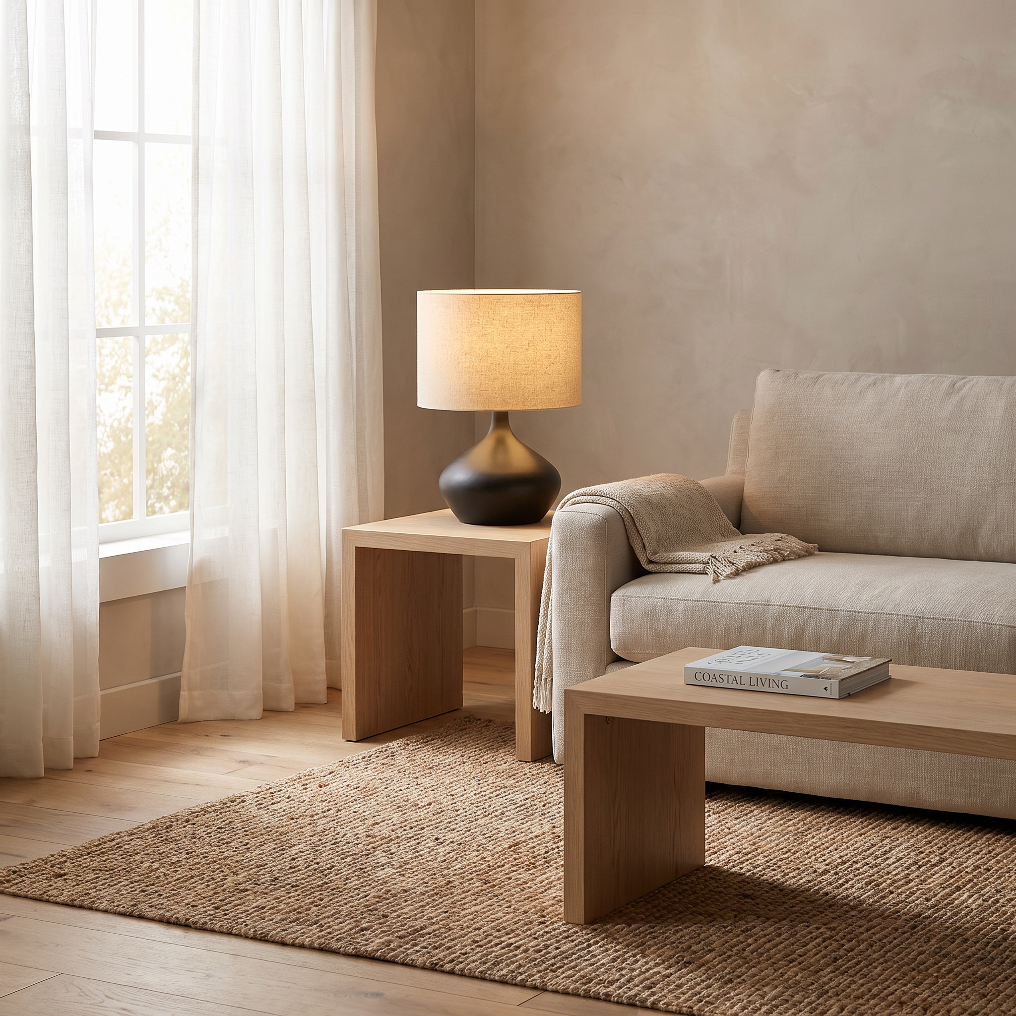 Dune ceramic table lamp on an oak console beside a linen sofa in a coastal Scandinavian living room