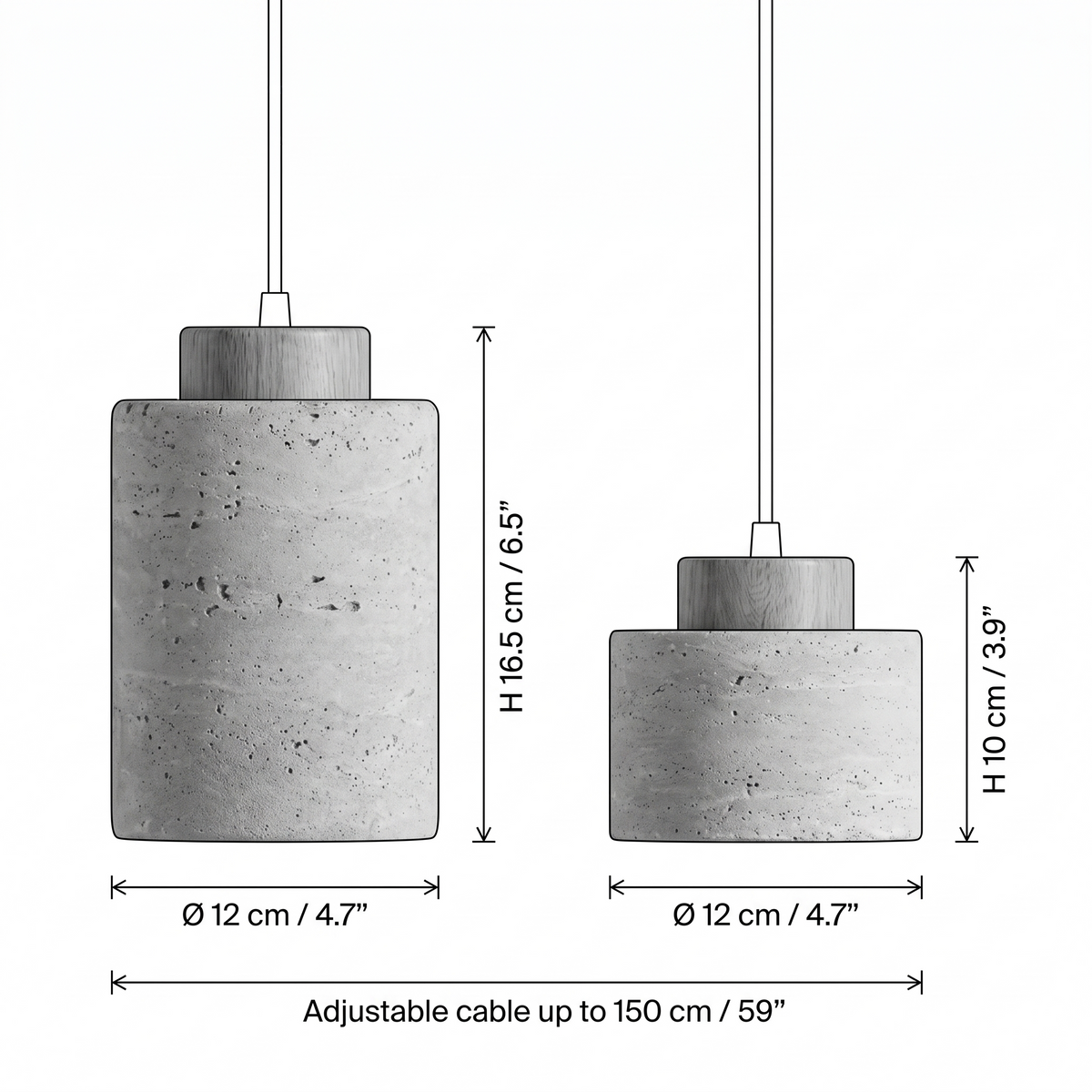 Dural pendant dimensions, 12cm (4.7in) wide, 16.5cm (6.5in) or 10cm (3.9in) tall, cord up to 150cm (59in)