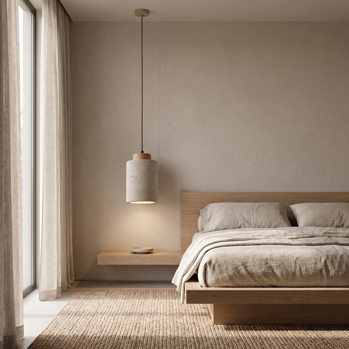 Dural tall travertine pendant with oak cap hanging as a bedside light in a Japandi bedroom