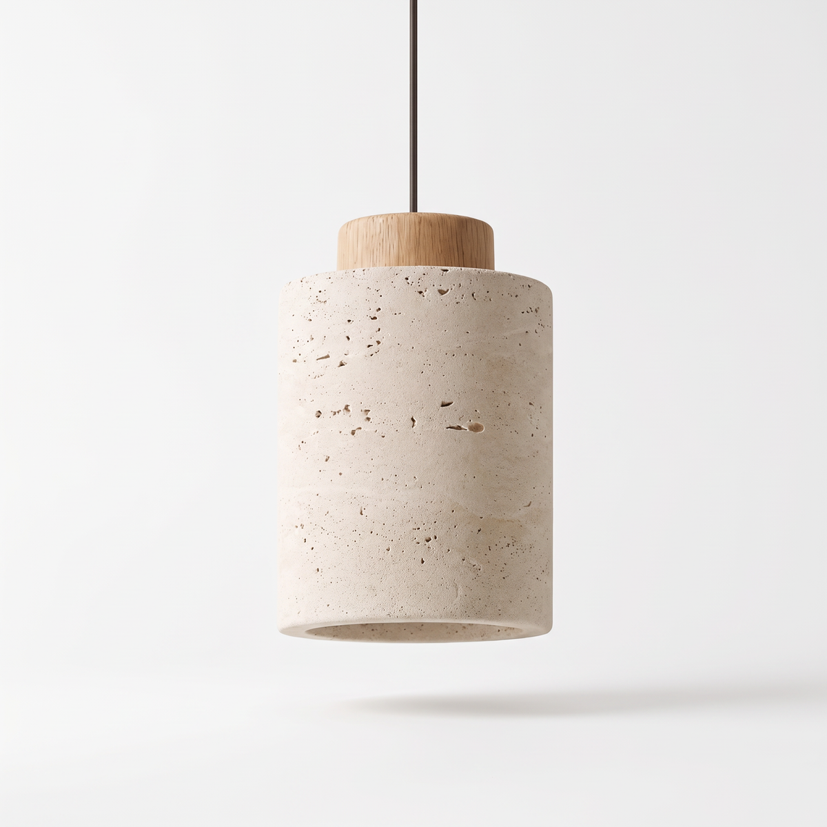 Dural tall natural travertine pendant light with oak cap on a white background