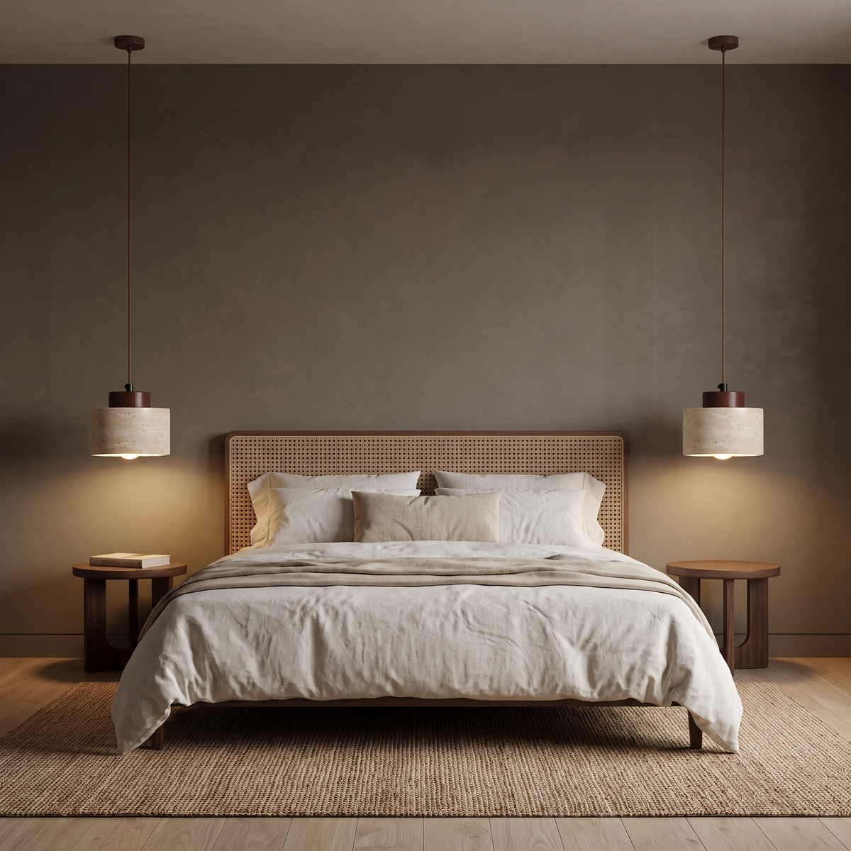 Pair of Dural short travertine pendants with walnut caps either side of a cane bedhead