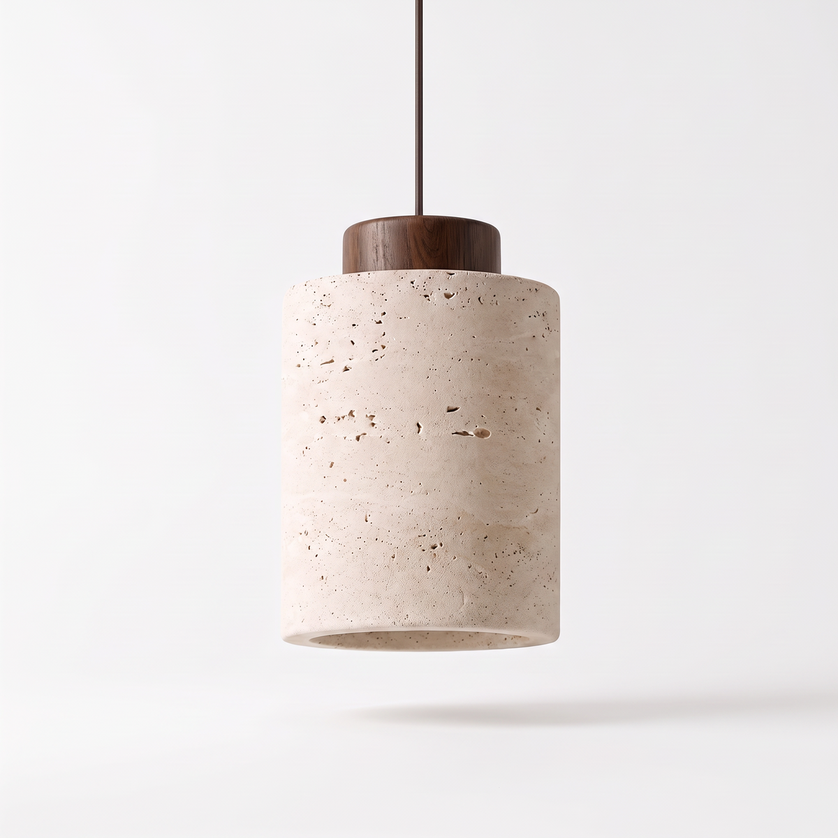 Dural tall natural travertine pendant light with walnut cap on a white background