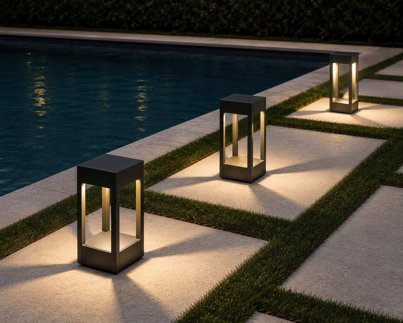 Eclipse LED Garden Bollard Light illuminated at night in a courtyard