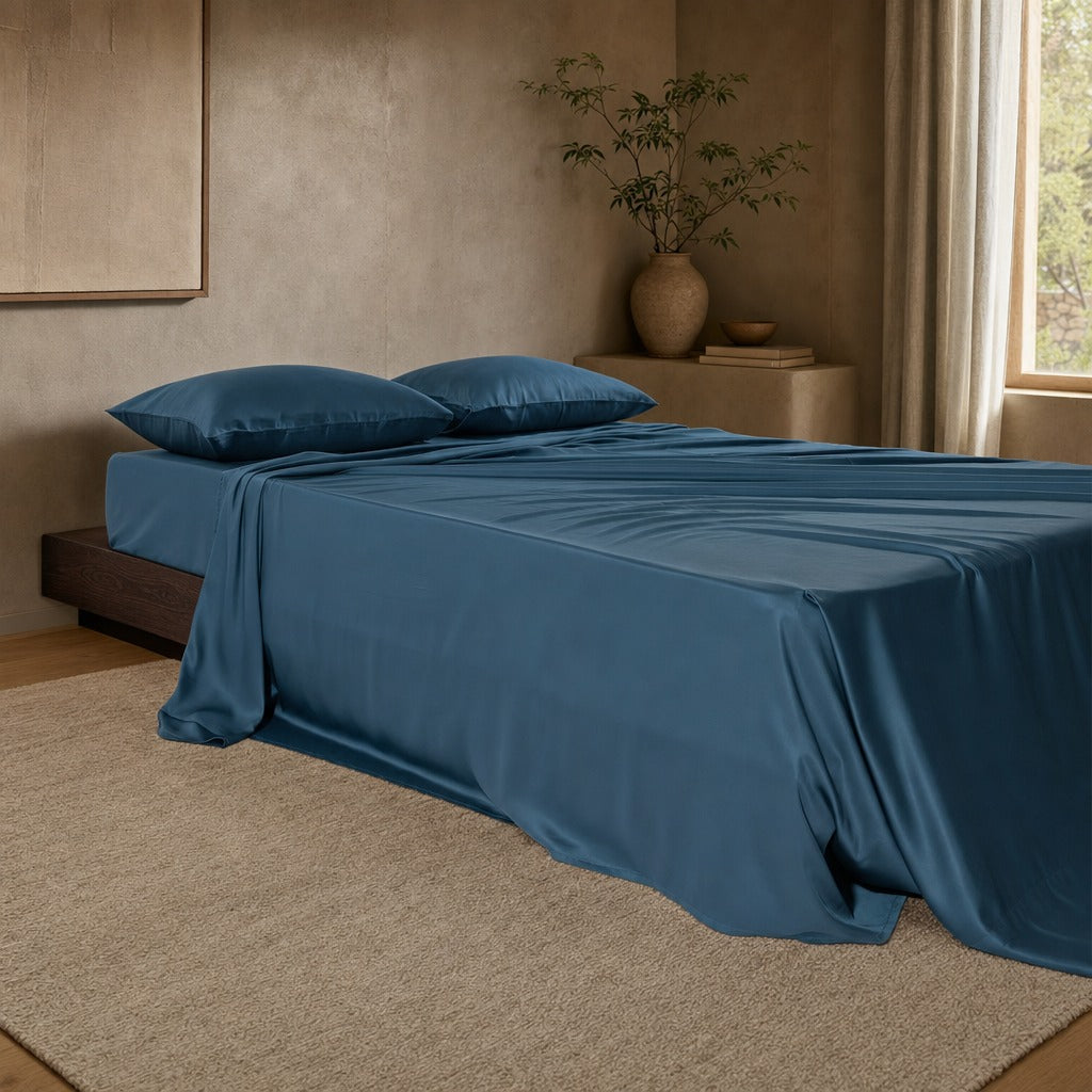 Eco Haven breathable bamboo sheets in blue on an oak bed in a limewash bedroom