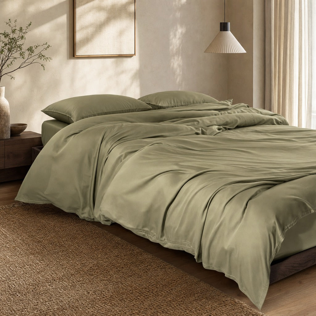 Eco Haven bamboo duvet cover in green on a bed beside an oak bedside with a pendant light