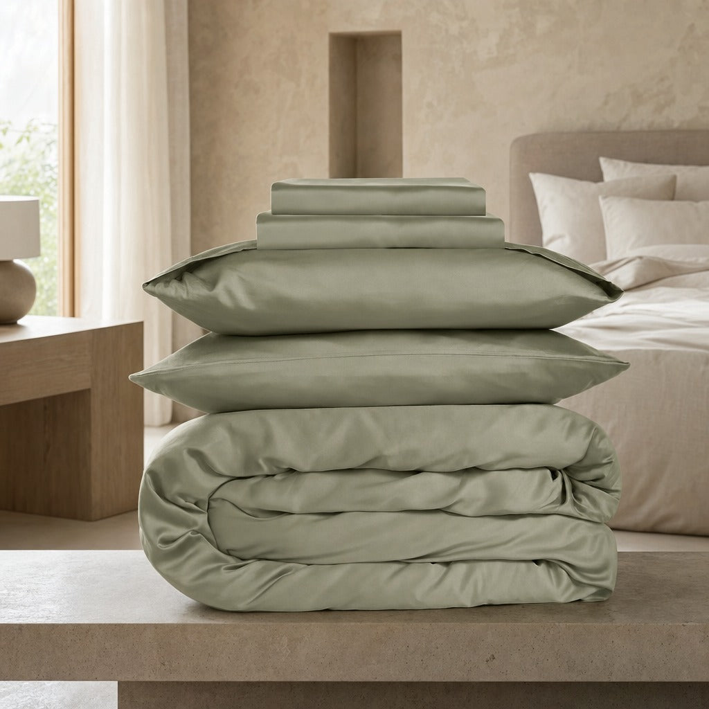 Eco Haven bamboo sheet set and duvet cover in green folded on a bench in a bedroom